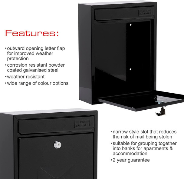 Burg-Wachter MB05BK Black Compact Wall Mounted Galvanised Steel Postbox 26x33x9cm