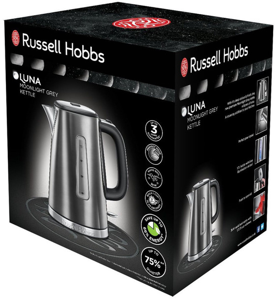 Russell Hobbs Luna Grey Stainless Steel 1.7L Cordless Electric Kettle (Quiet & Fast Boil 3KW, Removable washable anti-scale filter, Easy push button lid, Perfect pour spout) 23211