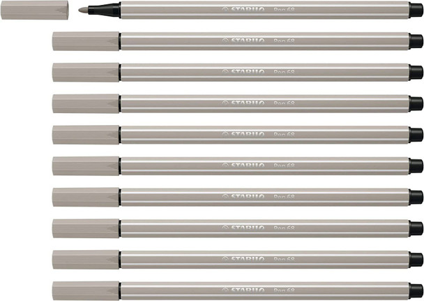 Premium Fibre-Tip Pen - STABILO Pen 68 - Pack of 10 - Warm Grey