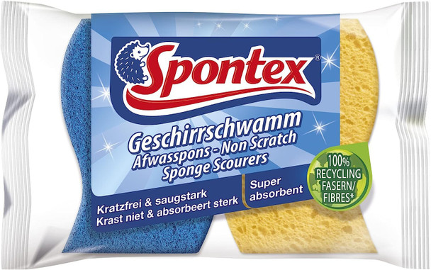 Spontex Non Scratch Super Absorbent Sponge Scourers, Pack of 2, Yellow Sponge Blue Scourer