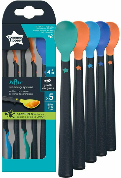 Tommee Tippee 44719610 Soft Tea Spoon with Long Non-Slip Handle, Extra Soft, from 4 Months, Pack of 5, Multi-Coloured