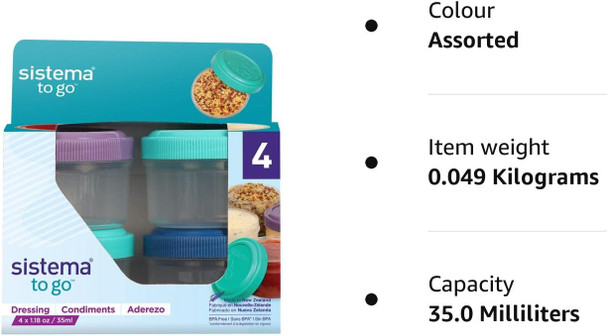Sistema Dressing Pots TO GO, Food Container Sauce Pots with Lids, 4 x 35 ml, BPA-Free, Teal, Purple, Blue Lids, 4 Count