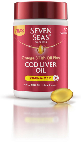 Seven Seas Cod Liver Oil Tablets With Omega-3, Fish Oil, One A Day, 60 Capsules, EPA & DHA, With High Strength Vitamin D & A