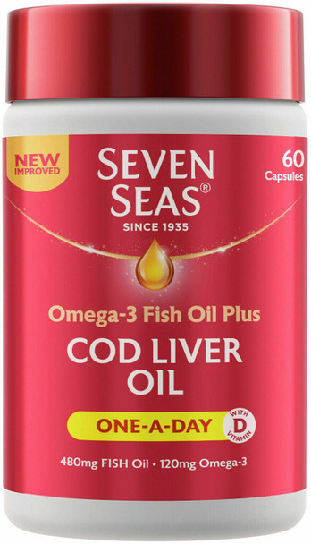 Seven Seas Cod Liver Oil Tablets With Omega-3, Fish Oil, One A Day, 60 Capsules, EPA & DHA, With High Strength Vitamin D & A