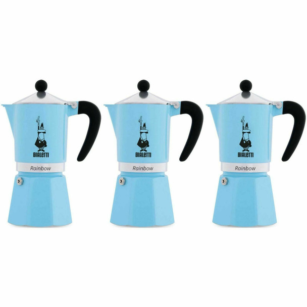 3 x Bialetti Rainbow Stovetop Espresso Coffee Maker Aluminium, Blue - For 6 Cups