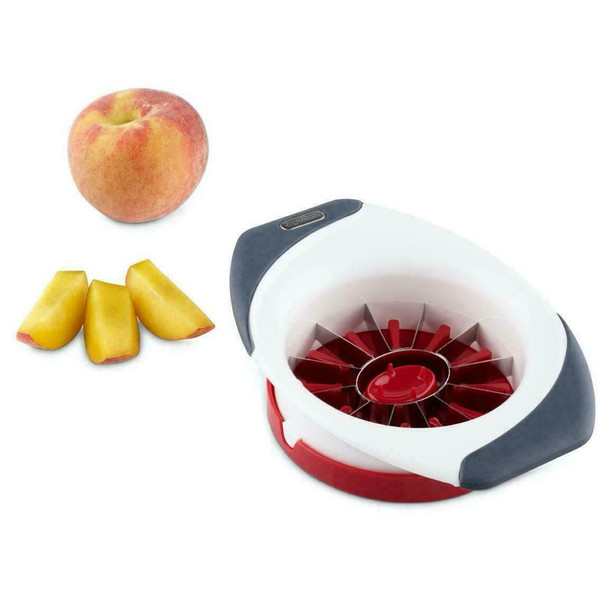 Zyliss Easy Slice Peach Slicer, Non-slip Grip Handles & No Mess Juice Tray - Red