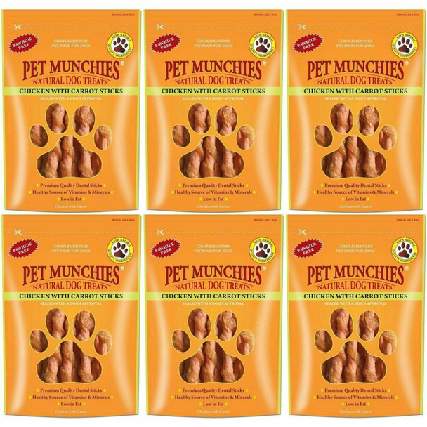 6 x Pet Munchies Chicken & Carrot Sticks Dog Treats 80g Dental Snacks - Natural