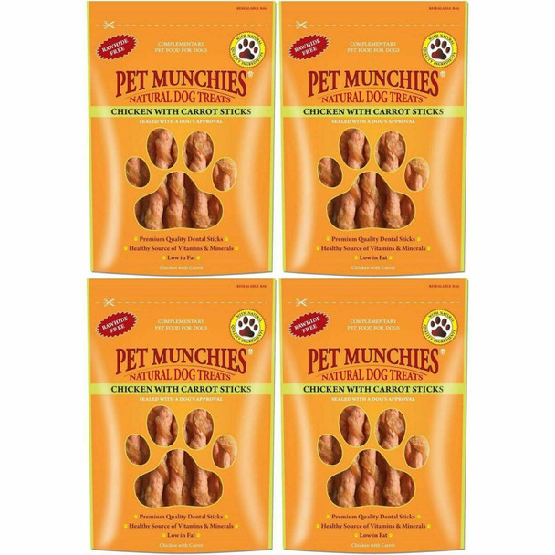 4 x Pet Munchies Chicken & Carrot Sticks Dog Treats 80g Dental Snacks - Natural