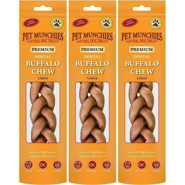 3 x Pet Munchies Large Dental Buffalo Dog Chews 90g Long Lasting Training Treats