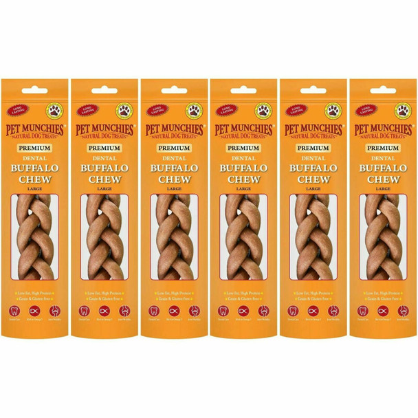 6 x Pet Munchies Large Dental Buffalo Dog Chews 90g Long Lasting Training Treats