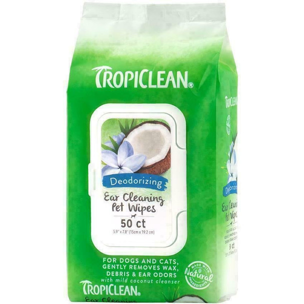 TropiClean Ear cleaning Wipes for Pets Mild Coconut 50 Wipes Removes Wax & Odor