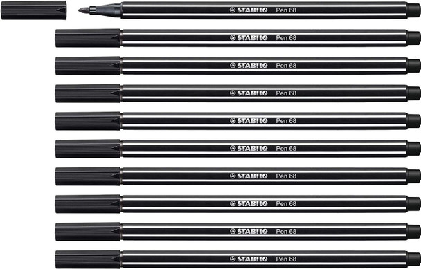 Premium Fibre-Tip Pen - STABILO Pen 68 - Pack of 10 - Black