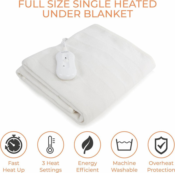 Carmen Single Heated Under Blanket with Overheat Protection, 35W, White