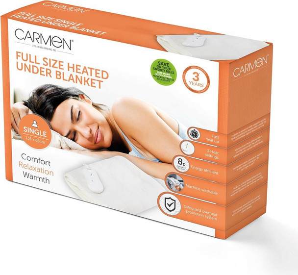 Carmen Single Heated Under Blanket with Overheat Protection, 35W, White