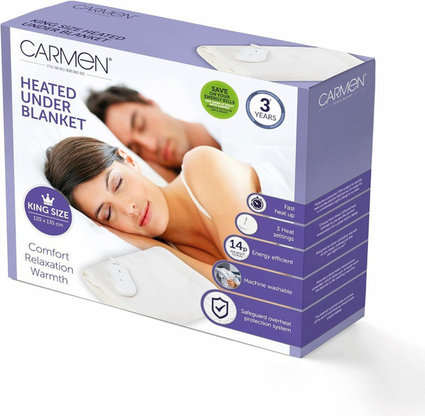 Carmen King Size Heated Under Blanket with Overheat Protection 70W White