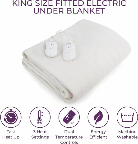 Carmen King Size Fitted Electric Under Blanket with Overheat Protection 65W x 2 White