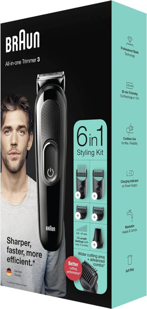 Braun 6-In-1 All-In-One Series 3, Male Grooming Kit With Beard Trimmer, Hair Clippers & Precision Trimmer With Lifetime Sharp Blades, 5 Attachments, Gifts For Men, UK 2 Pin Plug, MGF3335, Black Razor