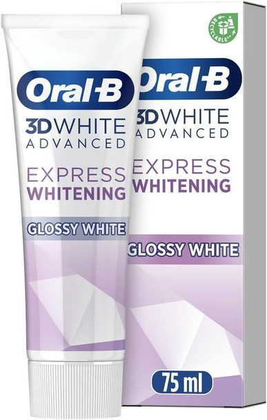 Oral-B 3D White Advanced Toothpaste, Express Whitening, Glossy White, 75 ml, Teeth Whitening & Teeth Stain Removal, Eucalyptus Flavour