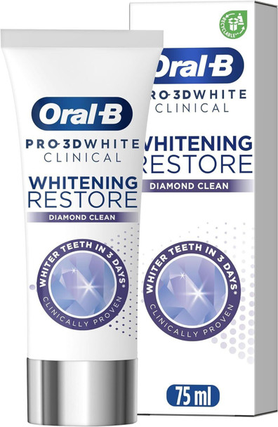 Oral-B 3D White Clinical Toothpaste, Whitening Restore, Diamond Clean, 75 ml, Teeth Whitening & Teeth Stain Removal