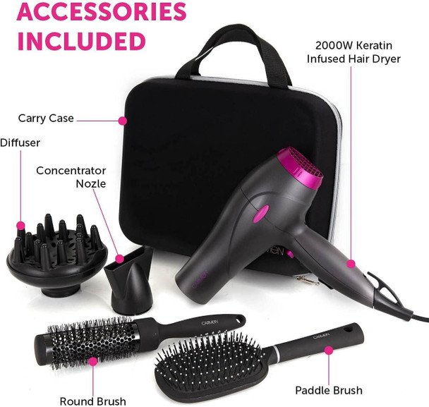 Carmen Neon Hair Dryer Gift Set with Keratin Protech Diffuser 2000W, Graphite & Pink