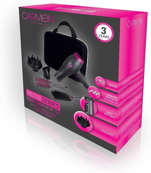 Carmen Neon Hair Dryer Gift Set with Keratin Protech Diffuser 2000W, Graphite & Pink