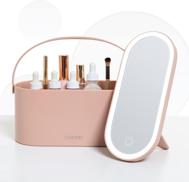 Carmen C81167PNK 2-IN-1 Vanity Case with LED Mirror, Illuminating LED Light, Touch Sensor Control, 5200K White Light, Pink