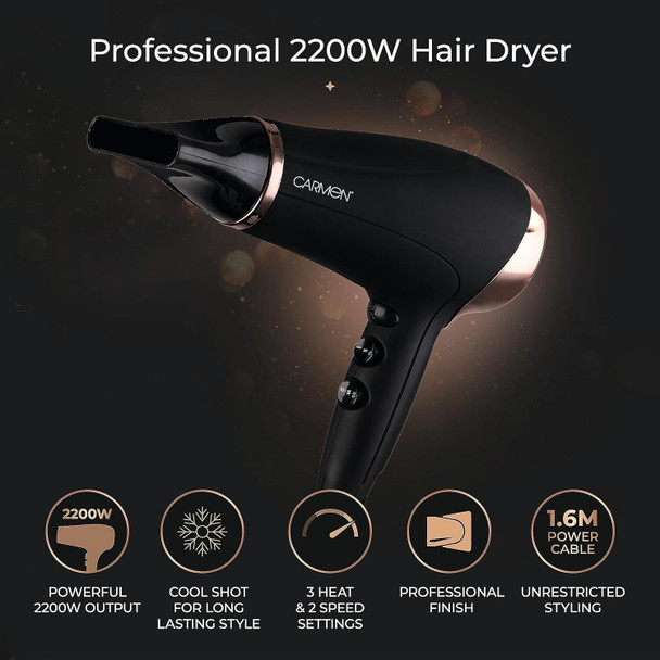 Carmen C80022COP Noir Hair Dryer with Concentrator Nozzle, 2200 W Black & Copper