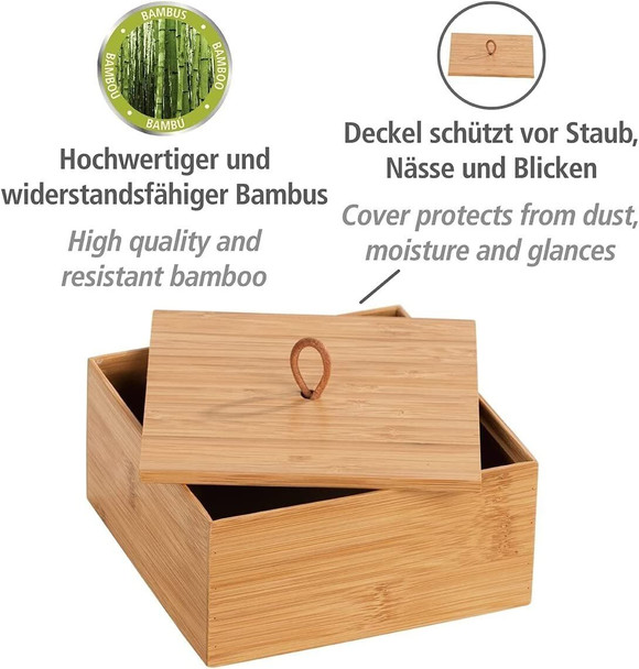 WENKO Terra Bamboo Organiser Box with 3 Compartments - Storage Box, Bathroom Basket, Bamboo, brown, Bambus Kosmetiktuch-Box