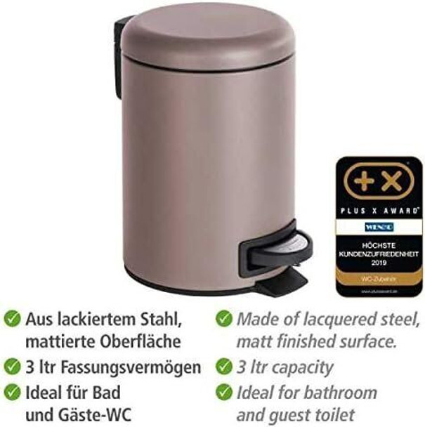 Wenko cosmetics Leman pedal bin, 3 liter, bathroom trash can, small trash can with integrated bin bag holder, made of painted steel, 22.5 x 17.1 x 17.1 cm, matt taupe