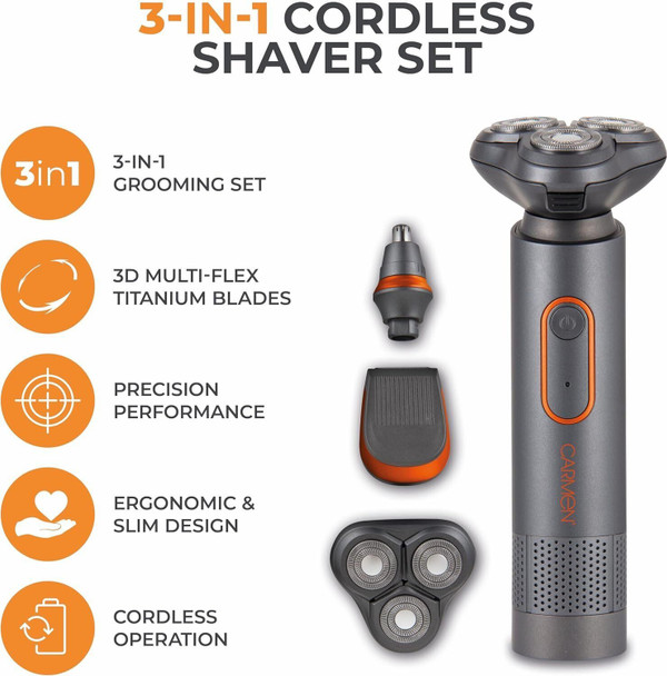 Carmen C81083ORG Titan Men’s 3-in-1 Cordless Hair Clipper Set with Detail Trimmer, 4 Comb Lengths, Rechargeable, Titanium & Orange