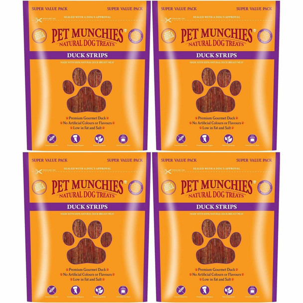4 x Pet Munchies Duck Strips Dog Treats 320g Value Pack, Training Snacks Natural