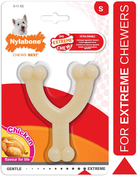 Nylabone Dura Chew Extreme Tough Dog Chew Toy Bone, Chicken Flavour Wishbone, M, for Dogs Up to 16 kg