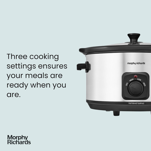 Morphy Richards 6.5L Slow Cooker, Ceramic Pot, 3 Cooking Settings, Easy Clean, Silver, 461013