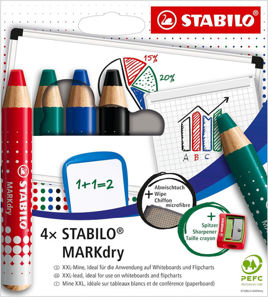 Whiteboard and Flipchart Markers - STABILO MARKdry - Pack of 4 - Assorted Colours with Sharpener + Wiping Cloth