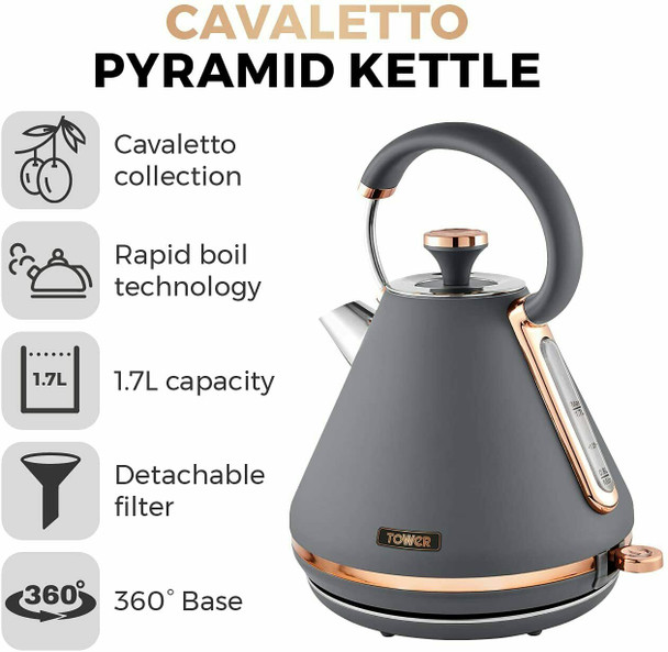 Tower Cavaletto 1.7L Electric Pyramid Kettle Fast Boil, Grey & Rose Gold 3000 W