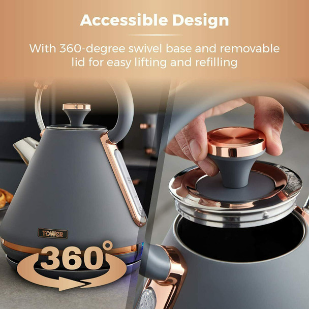 Tower Cavaletto 1.7L Electric Pyramid Kettle Fast Boil, Grey & Rose Gold 3000 W