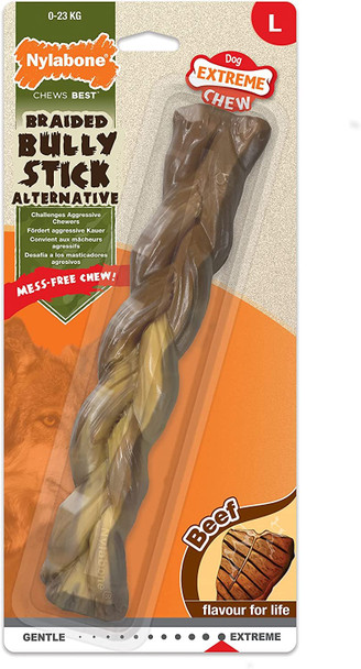 Nylabone Extreme Tough Dog Chew Toy, Braided Bully Stick, Beef Flavour, Mess-Free, Large, For Dogs Up To 23Kg - L