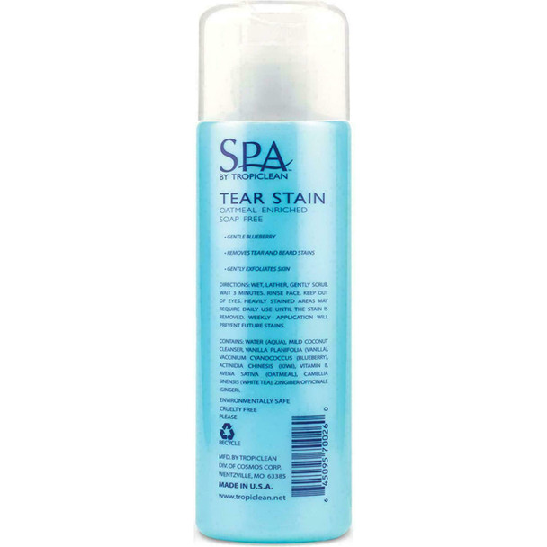 SPA by TropiClean Dog Tear Stain Remover Grooming Supplies - Cleansing - Soothes, Exfoliates, Hydrates - For Dogs and Cats - Oatmeal and Blueberry, 236 ml