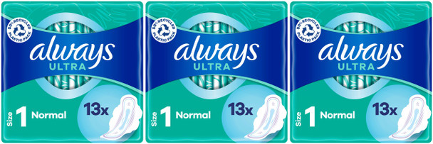 Always Ultra Normal Sanitary Towels Pads With Wings Size 1 Absorbent, Pack of 39