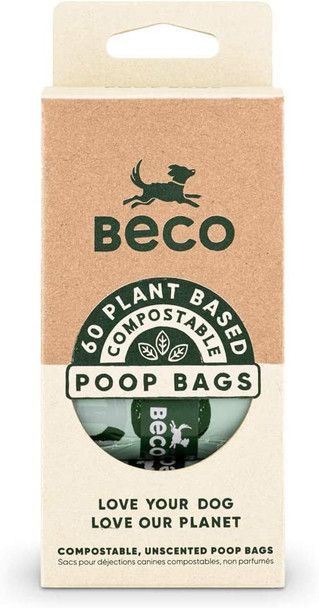 Beco Super Strong & Large Poop Bags | Home Compostable & Unscented Dog Poo Bags | 60 Refill Rolls [4 x 15] | Dispenser Compatible