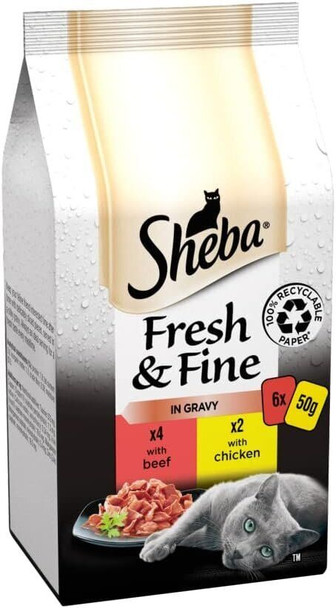 Sheba Fresh & Fine Wet Cat Food Pouches Beef & Chicken in Gravy 6 x 50g