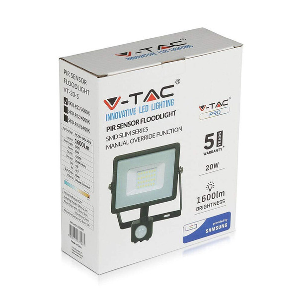 V-TAC Samsung 20 W LED Headlight Chip with Motion Sensor and Twilight Sensor and Manual Lock Switch Black 4000 K IP65