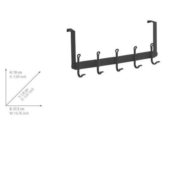 WENKO Nostalgia Door Hooks Coat Rack with 5 Hooks, for 2 cm Thickness, Steel, 37.5 x 18 x 8 cm, Black