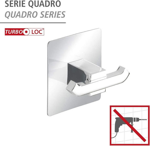 WENKO Turbo-Loc® Duo Quadro Stainless Steel Wall Hooks - No Drilling Required, Rustproof Stainless Steel, 6.5 x 6.5 x 3.5 cm, Chrome