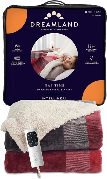 Dreamland Nap Time Warming Velvety Sherpa Electric Heated Throw Blanket with 6 Heat Settings (Intelliheat+ Fast Heat, 1/3/9-hour auto timer, 180 x 135 cm, Machine washable) Tartan Check
