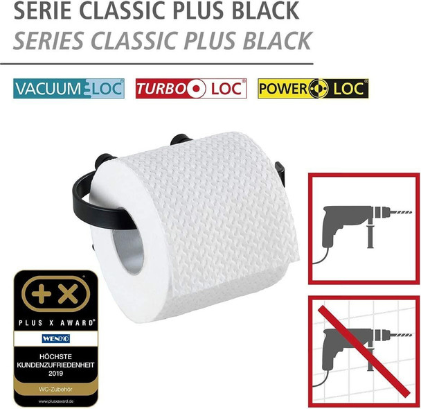 Wenko Classic Plus 23884100 Toilet Roll Holder Rust Protection Steel 15 x 7.5 x 10 cm Black
