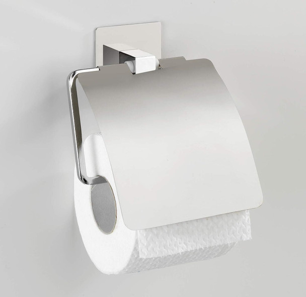 Wenko Turbo-Loc® Quadro Stainless Steel Toilet Roll Holder without Lid - No Drilling Required, Stainless Steel, Chrome, Silver, 13 x 16,5 x 3,5 cm