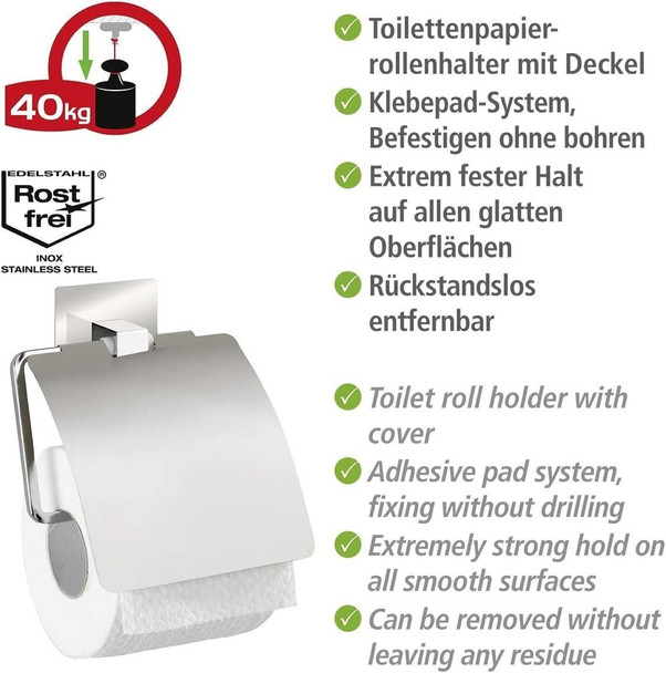 Wenko Turbo-Loc® Quadro Stainless Steel Toilet Roll Holder without Lid - No Drilling Required, Stainless Steel, Chrome, Silver, 13 x 16,5 x 3,5 cm