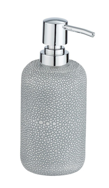 WENKO Raja Soap Dispenser in Natural Stone Look, Refillable Liquid Soap Dispenser for Bathroom & Kitchen, Graceful Polyresin Lotion Dispenser, Dimensions: 8.8x10.7x8.7 cm, Capacity: 350 ml Soap, Grey