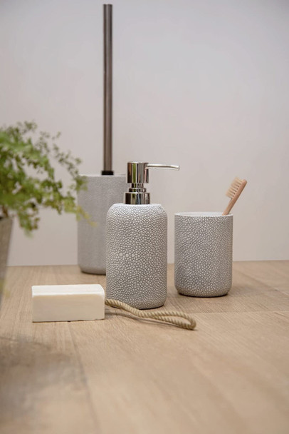 WENKO Raja Soap Dispenser in Natural Stone Look, Refillable Liquid Soap Dispenser for Bathroom & Kitchen, Graceful Polyresin Lotion Dispenser, Dimensions: 8.8x10.7x8.7 cm, Capacity: 350 ml Soap, Grey